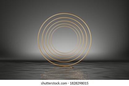3d render, abstract golden rings, round frames isolated on black background with reflection in the water on the wet floor. Modern minimal geometric concept