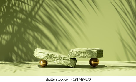 3d Render, Abstract Green Background With Tropical Leaves Shadow And Bright Sunlight. Minimal Scene With Cobble Stone Platform For Organic Cosmetic Product Presentation