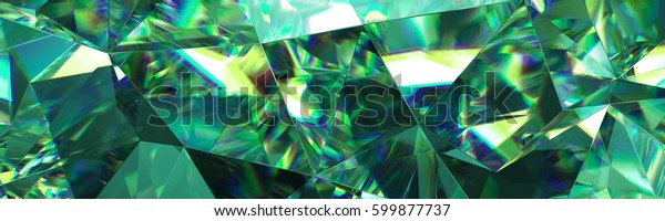 3d render, abstract green crystal background,\
faceted texture, emerald gem macro, panorama, wide panoramic\
polygonal wallpaper