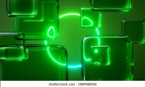 3d render, abstract green geometric background with glass square tiles and neon light round frame, laser ring