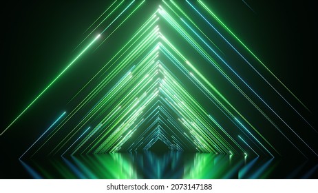 3d render. Abstract green neon background with triangular shape, laser rays and glowing lines