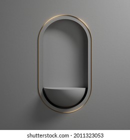 3d render, abstract grey geometric background with oval niche and golden frame. Modern minimal showcase scene in art deco style, with empty hemisphere shelf for product presentation