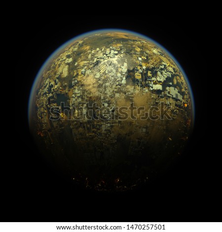 3d render of abstract industrial cyber planet earth with big pollution and yellow dirty clouds on black background