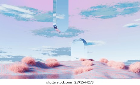 3D render, Abstract landscape with floating arches and pink foliage in surreal background
