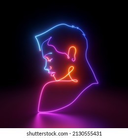 3d Render, Abstract Linear Art Portrait Of A Woman, Glowing With Colorful Neon Light Over Black Background