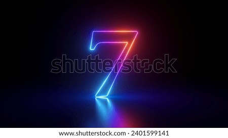 3d render, abstract linear neon number seven, glowing digit isolated on black background