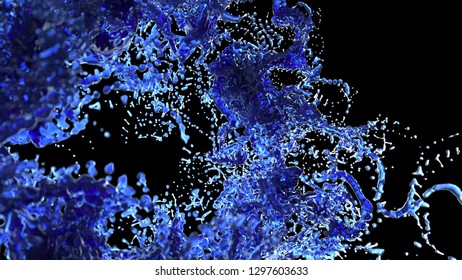 3d render abstract liquid particles splash on the black background with depth of field