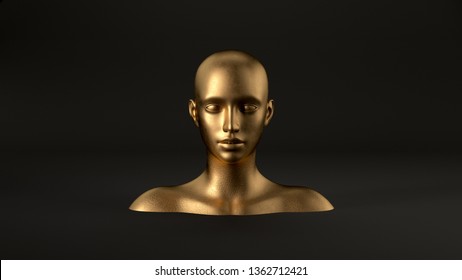 3d Render Of Abstract Mannequin Female Head On Black Background. Fashion Woman. Gold Human Face.