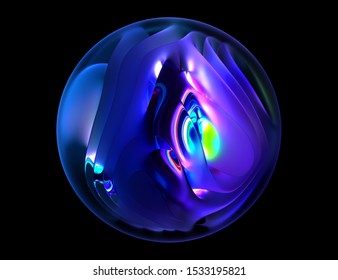 3d render of abstract matte and glossy glass ball with organic curved object inside with neon glowing light in green purple blue and violet color on black background