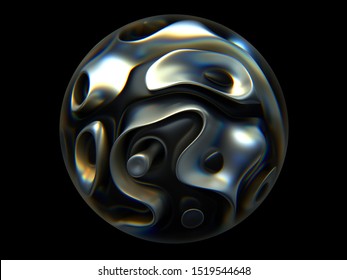 3d Render Of Abstract Meta Glass Ball With Dispersion Effect With Organic Liquid Metal Forms Inside In Silver And Black Matte Aluminium Metal Material On Black Background