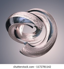 3d Render, Abstract Metallic Brushstroke, Silver Paint Smear, Splashing Platinum Shape, Rose Gold, Shiny Foil, Ribbon, Isolated Clip Art