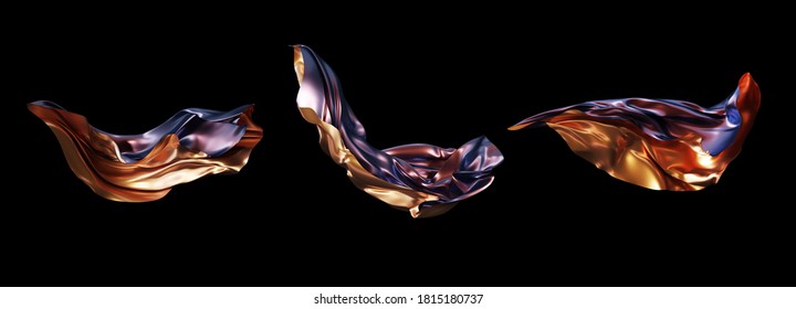 3D Render Abstract Metallic Gold And Violet Magic Cloth Set. Colorful Fabric Flying Isolated On Black Background For Banner. Iridescent Holographic Foil Levitating. 