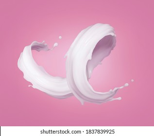 3d render, abstract milk splashing clip art, white spiral jet, wave liquid splash isolated on pink background