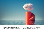 3d render, abstract minimal background. White cloud in the blue sky above the red cylinder podium with steps, empty pedestal and water. Simple scene for product presentation