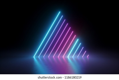 3d render, abstract minimal background, glowing lines, triangle shape, pink blue neon lights, ultraviolet spectrum, laser show