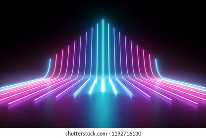 3d render, abstract minimal background, glowing lines going up, arrow, cyber, chart, pink blue neon lights, ultraviolet spectrum, laser show