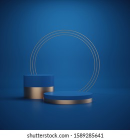 3d Render, Abstract Minimal Background. Empty Cylinder Podium, Vacant Pedestal, Stage, Showcase Stand. Blank Space, Premium Minimalist Mockup. Art Deco Round Frame. Classic Blue Color Of The Year 2020