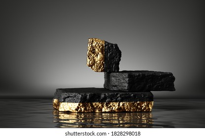 3d render, abstract minimal background with rough black and gold cobblestones, reflection in the water on the wet floor. Trendy fashion showcase with coal stone platform for product displaying