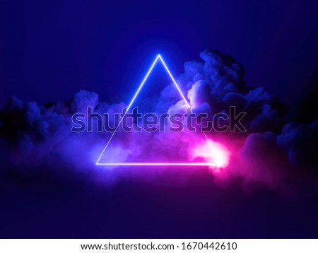 3d render, abstract minimal background, pink blue neon light triangular frame with copy space, illuminated stormy clouds, glowing geometric shape.