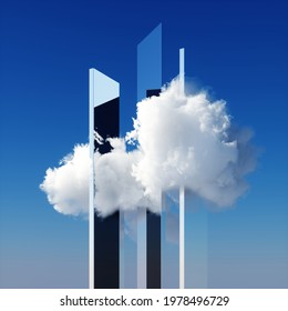 3d render  abstract minimal blue background and three vertical mirror shapes   white cloud