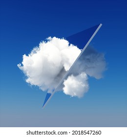 3d render, abstract minimal blue background with triangular mirror shape and white cloud