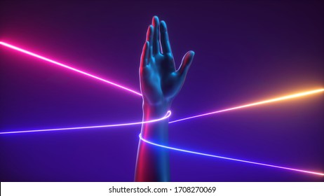3d render, abstract minimal futuristic concept, artificial hand open palm with colorful strings, pink blue yellow neon glowing lines. Mannequin body part isolated on dark ultraviolet background