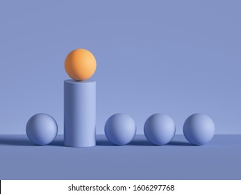 3d Render, Abstract Minimal Geometric Background. Yellow Ball Placed On Cylinder Podium. Raw Of Balls. Isolated Objects, Primitive Shapes. Successful Business Concept, One Of A Kind, Career Metaphor