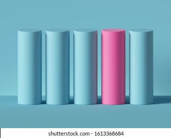 3d Render, Abstract Minimal Geometric Background. One Pink Cylinder, Row Of Blue Cylinders. Isolated Objects, Primitive Shapes. Profit Chart. Stable Business Concept, One Of A Kind, Advantage Metaphor