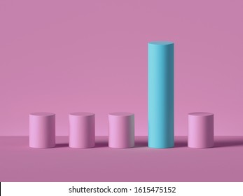 3d Render, Abstract Minimal Geometric Background. Pink Cylinders. Isolated Objects, Primitive Shapes. Profit Chart. Positive Result. Successful Business Concept, One Of A Kind, Advantage Metaphor.