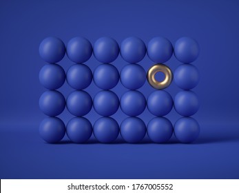 3d Render, Abstract Minimal Geometric Design: Golden Torus Amongst The Blue Balls Isolated On Blue Background. Balance, Gravity, One Of A Kind Exception Concept. Matrix Of Primitive Shapes