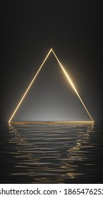 3d render, abstract minimal geometric background with golden triangular frame and reflection in the water on the wet floor. Showcase with blank space for product presentation