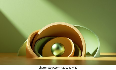 3d Render, Abstract Minimal Modern Background With Metallic Core Ball Hidden Inside Yellow Green Hemisphere Shell