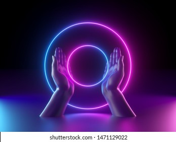 3d render, abstract minimal neon background, mannequin hands, pink blue glowing ring, round shape, witch drawing mysterious symbol, occult ritual, halloween mockup, ultraviolet light, fashion concept