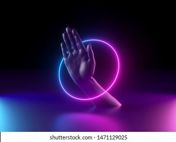 3d Render, Abstract Minimal Neon Background, Mannequin Hand In Ultraviolet Light, Pink Blue Glowing Ring, Round Frame, Mystery Concept, Virtual Reality, Mysterious Performance, Magical Trick Show