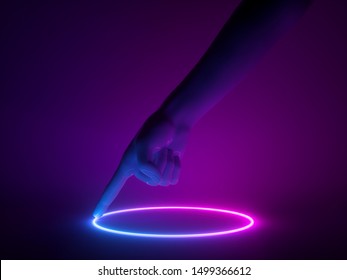 3d Render, Abstract Minimal Neon Background, Mannequin Hand In Ultraviolet Light, Finger Drawing Circle, Round Glowing Shape