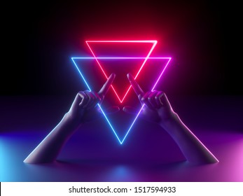 3d render, abstract minimal neon background, mannequin hands, red blue glowing geometric sign, witch drawing mysterious symbol, occult ritual, halloween mockup, ultraviolet light, fashion concept