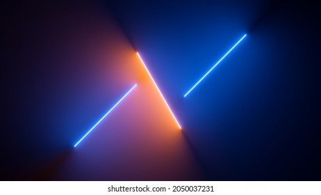 3d Render, Abstract Minimal Neon Background With Glowing Lines. Dark Wall Illuminated With Led Lamps. Blue Orange Wallpaper