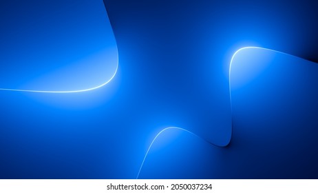 3d render, abstract minimal neon background with glowing wavy line. Dark wall illuminated with led lamps. Blue futuristic wallpaper