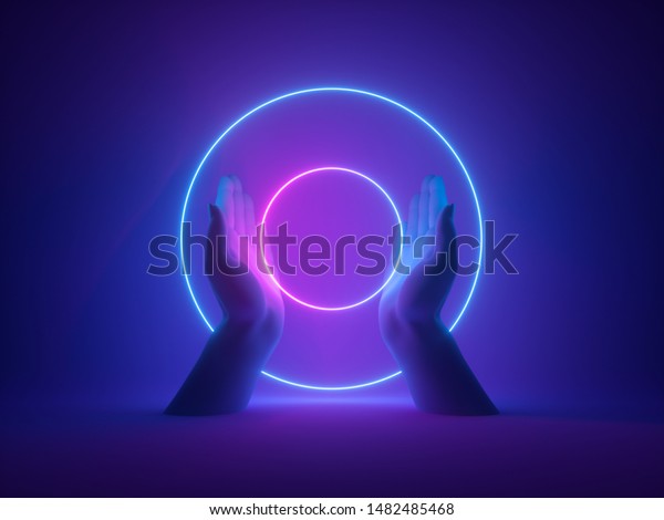 3dレンダリング 抽象的な最小ネオン背景 ピンクの青い輝く輪を持つ