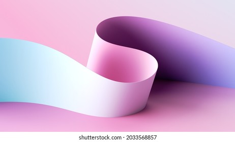 3d Render. Abstract Minimal Pastel Pink Background With Folded Paper Scroll, Curvy Ribbon Edge