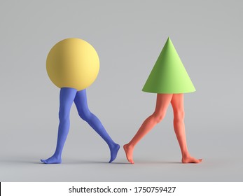 3d Render, Abstract Minimal Surreal Concept, Funny Contemporary Art. Colorful Geometric Shapes Ball And Cone With Human Model Legs. Mismatch Concept