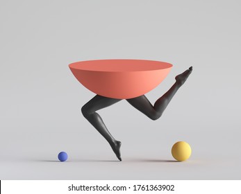 3d Render, Abstract Minimal Surreal Design, Funny Contemporary Art. Colorful Geometric Shapes, Red Hemisphere With Black Human Model Legs Dance. Balance Concept