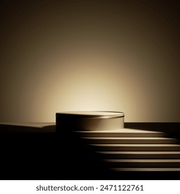 3d render, abstract minimalist background of steps and empty stage podium for product presentation. Trendy dark showcase scene illuminated with bright spotlight
