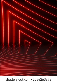 3D render, abstract minimalist background. Infrared laser rays, geometric pattern of neon lines glowing with red light in an empty room with floor reflection