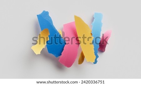 3d render, abstract minimalist background. Ripped multicolored paper pieces macro
