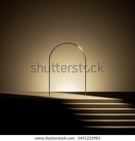3d render, abstract minimalist background of golden rounded arch, steps and empty stage for product presentation. Trendy dark showcase scene illuminated with bright spotlight