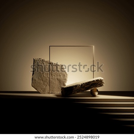 3d render, abstract minimalist background of golden square arch, rocks, stones, steps and empty stage for product presentation. Trendy dark showcase scene illuminated with bright spotlight