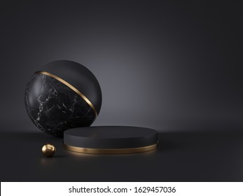 3d Render, Abstract Minimalist Geometric Objects Isolated On Black Background. Blank Mockup, Empty Cylinder Podium, Balls, Gold Metal. Copy Space. Primitive Shapes, Premium Futuristic Decor Elements