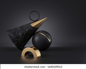 3d Render, Abstract Minimalist Geometric Objects Isolated On Black Background. Marble Texture, Golden Metal. Copy Space. Cone, Ball, Ring. Stack Of Primitive Shapes, Premium Futuristic Decor Elements