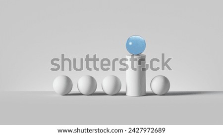 3d render, abstract minimalist geometric background. Blue glass ball on the top of white cylinder in the row of white balls. Isolated objects. Outstanding concept, one of a kind, advantage metaphor.